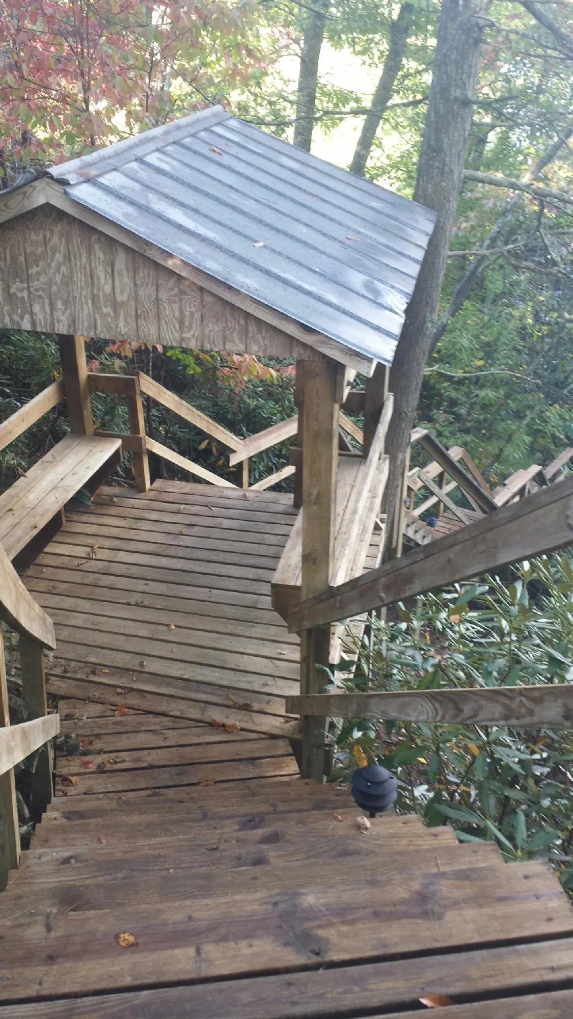 Metal roofed shelter over wooden steps on a wooded walkway — Skylight Repair & Installation work by our crew in Seville